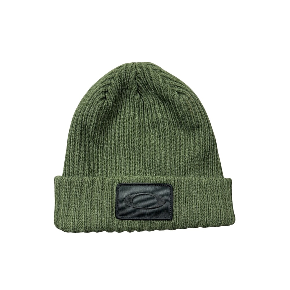 Oakley Olive Green Ribbed Knit Cuffed Beanie Logo Patch Hat Gorpcore Outdoors
